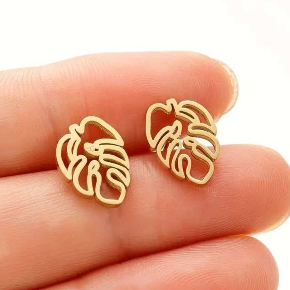 Monstera Leaf Gold Plated Stainless Steel Stud Earrings - Tropical‎ Minimalist